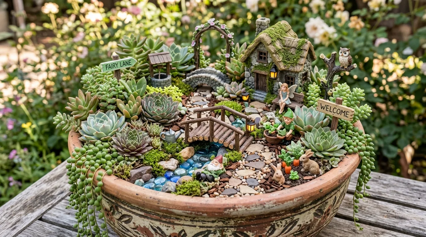 Use pebbles shells or bark for natural texture variation inspiration for a fairy garden.